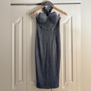 Formal Strapless Glitter Bustier Midi Dress